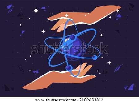 Vector illustration of the physical atom concept template, two hands on the palms above and below holding the particle atom Royalty-Free Stock Photo #2109653816