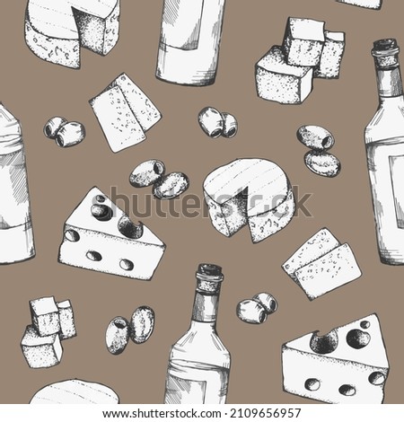 Wine, cheese and olives. Seamless pattern Hand-drawn vector clip art wine bottle, olives and cheese