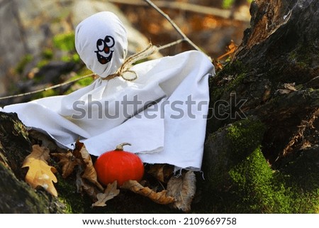 a series of photographs with a ghost. for the autumn holiday of Halloween. Ghost figure, Decorative decorations for halloween. kind ghost with pumpkin. decoration concept. in the forest ghost