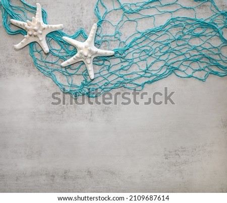 Sea, sand and seashells theme background with fishing netting and star fish shells.