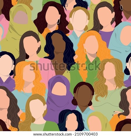 Women's day pattern with women faces. Female diverse faces of different ethnicity Royalty-Free Stock Photo #2109700403
