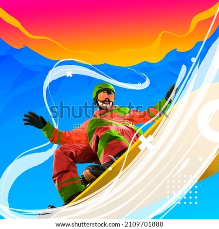 Extreme sport. Contemporary art collage. Creative artwork. Professional sportsman, snowboarder in sportswear, equipment snowboarding isolated bright background. Winter sports, speed, energy concept Royalty-Free Stock Photo #2109701888