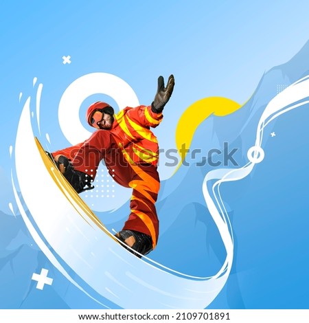 Flight. Contemporary art collage. Creative artwork. Professional sportsman, snowboarder in sportswear snowboarding isolated bright background. Winter sports, speed, energy, extreme sport concept Royalty-Free Stock Photo #2109701891