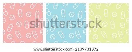 Set, collection of three vector seamless pattern backgrounds with medicine, pills for healthcare and pharmacy design. Soft colors. Vector illustration good for print, textile, banner, backdrop