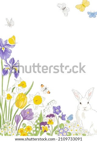 Spring summer flowers butterfly cute bunny hand drawn corner frame vector illustration isolated on white. Vintage Romantic floral arrangement for Happy Easter card design.