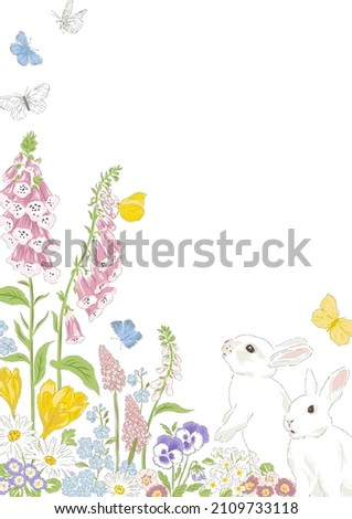 Spring summer flowers butterfly cute bunny hand drawn corner frame vector illustration isolated on white. Vintage Romantic floral arrangement for Happy Easter card design.