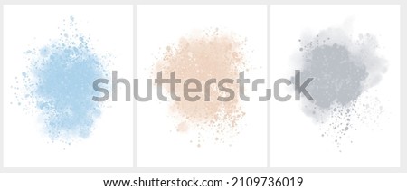 Set of 3 Delicate Abstract Watercolor Style Vector illustration with Light Blue, Gray and Beige Paint Stains on a White Background. Pastel Color Splashes and Splatter Print Set.