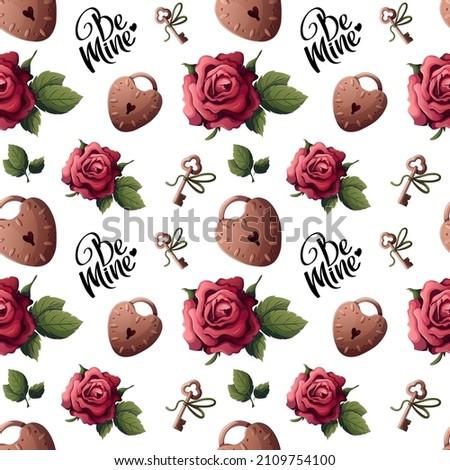 Seamless pattern with lettering, roses, lock and key. Happy Valentine's Day, Romance, Love, wedding concept. Perfect for product design, scrapbooking, textile, wrapping paper.