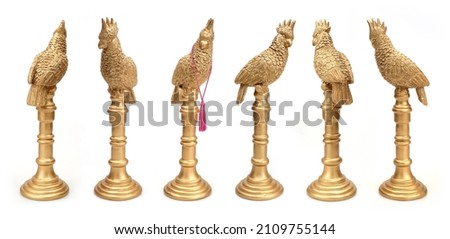 Set of golden tropical bird (parrot on a pole) isolated on a white background