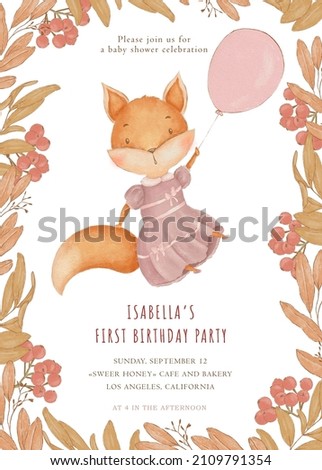 Editable baby shower invitation template, baby fox invite, woodland animal fox invitation, baby girl birthday, flying with baloon, fox print, baby fox postcard