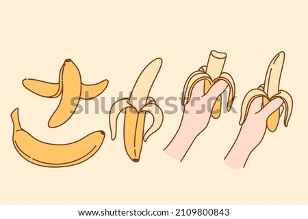 Set of ripe organic bio banana. Collection of people eating tropical exotic fruit. Bundle of nature fresh vitamin product. Garden and farming. Healthy habit. Cartoon character. 