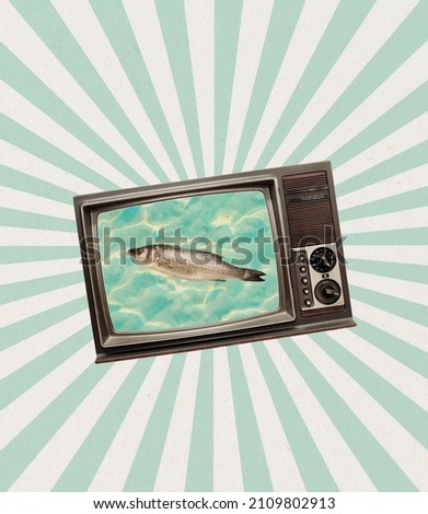 Gossip, fake news. Fish in retro tv set. Contemporary art collage and modern design. Retro computer isolated over yloow background. Concept of idea, inspiration, creativity and art. Minimalism