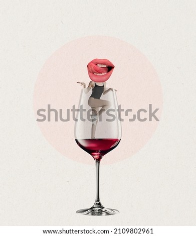 Degustation, tasting. Young slim girl into red wine glass isolated on white background. Surrealism. Copy space for ad, text. Modern design. Conceptual, contemporary art collage. Party time, fun mood.