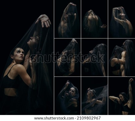 Passion in dark. Contemp dancers, couple of ballet dancers in theater performance isolated on black background. Art, beauty concept. Set, collage. Artists in minimalistic dark cloth look graceful Royalty-Free Stock Photo #2109802967