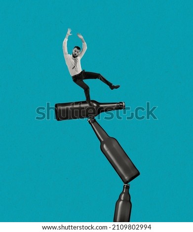 Businessman balancing on beer bottles isolated on blue background. Surrealism. Modern design, contemporary creative collage. Inspiration, idea, trendy magazine style, art.