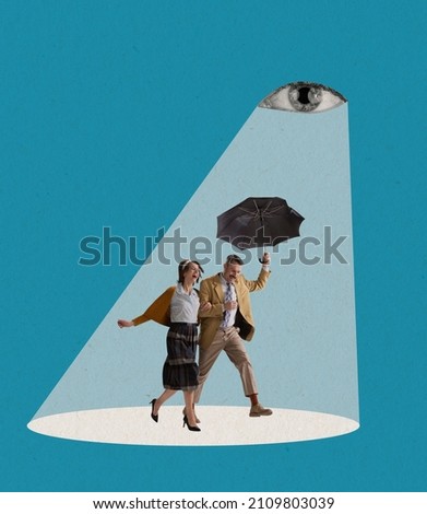 Support, care and love. Contemporary art collage of man and woman going together with umbrella under someone else's gaze on blue background. Concept of family, failure, creativity, vintage style