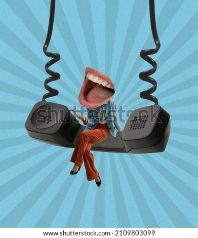 Swing and gossip. Stylish young girl with open mouth instead head sitting on big retro handset, phone. Surrealism. Modern design, contemporary creative collage. Inspiration, idea, trendy magazine Royalty-Free Stock Photo #2109803099