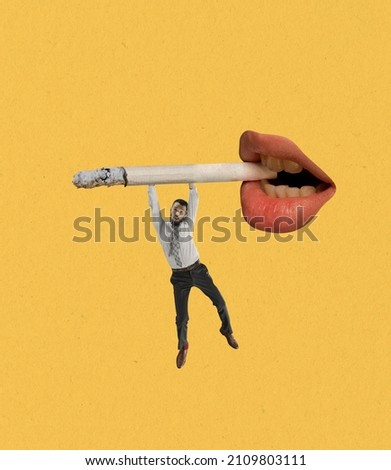Bad habbits. Young man balancing on smoking cigarette from woman's mouth isolated on yellow background. Surrealism. Modern design, contemporary creative collage. Inspiration, idea