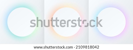 Set of blue, pink-purple and green circle frame on white background. Abstract 3D cosmic color backdrop. Collection of glowing neon color on geometric background with copy space. Top view. Vector EPS10 Royalty-Free Stock Photo #2109818042