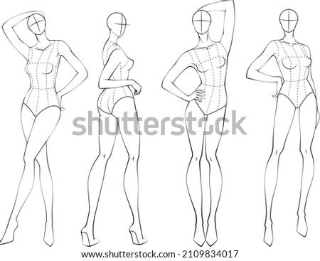 Fashion figure ten heads design template croquis wearing bodice Royalty-Free Stock Photo #2109834017