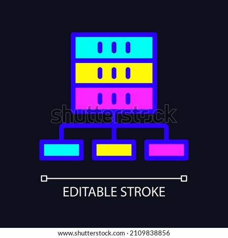 Data set technology RGB color pixel perfect icon for dark theme. Virtual storage for information. Data mining. Simple filled line drawing on night mode background. Editable stroke. Arial font used