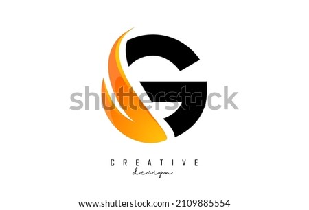 Vector illustration of abstract letter G with fire flames and Orange Swoosh design. Letter G logo with creative cut and shape.
