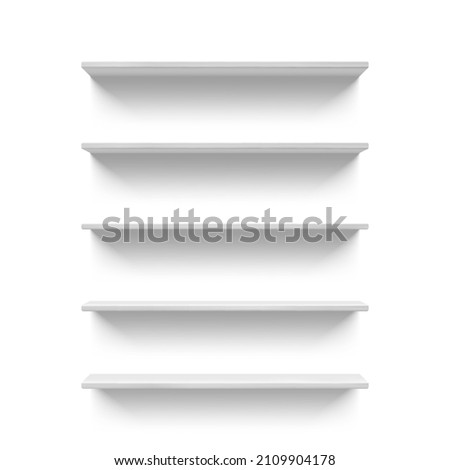 Realistic empty white store or shop shelves for books. 3D retail wall shelf display front view. Supermarket storage racks vector mock up. Furniture for selling products, stand for items promotion Royalty-Free Stock Photo #2109904178