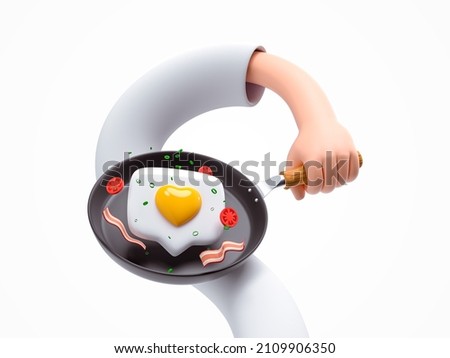 3d render, funny cartoon character flexible hand cooking breakfast in a pan, clip art isolated on white background. Social media metaphor, recommendation concept