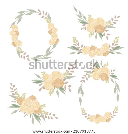 Set of Separate parts and bring together to beautiful bouquet of flowers in water colors style on white background, vector illustration