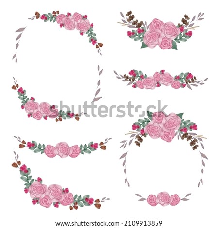 Set of Separate parts and bring together to beautiful bouquet of flowers in water colors style on white background, vector illustration