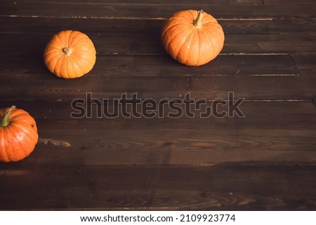 Three pumpkins on a brown wood. Copy space.
