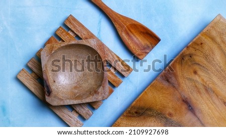 Wooden kitchenware that gives a classic and minimalist impression. Food and drink concept. Food Photography. Flat Lay, Wooden Bowl on the table.