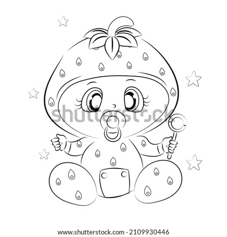 Coloring book, cute newborn baby in strawberry costume, beautiful outline illustration isolated on white background. one line. Coloring book for children and adults. Printing on t-shirt, cup, children