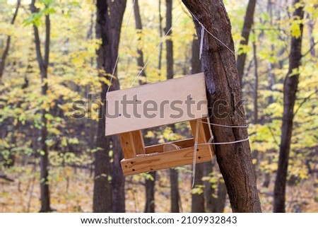A wooden birdhouse hangs on a tree in the forest. Close-up. The concept of caring for birds in winter. 