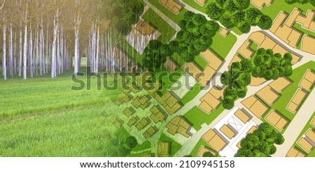 Imaginary topographic cadastral map and land parcels of territory with trees on background and buildable vacant land for sale - concept image. Royalty-Free Stock Photo #2109945158