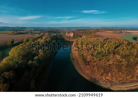 Panoramic view of Czocha Castle in autumn, Poland. 
Drone photography.
