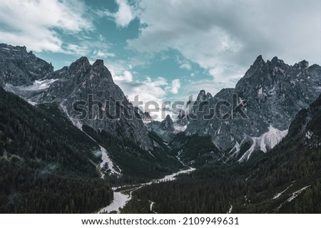 panoramic view of the Sesto Dolomites .
Drone photography.