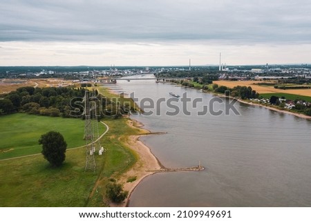Panoramic view of Leverkusen, Cologne and the ailing autobahn bridge on the Rhine, Germany. Drone photography. 