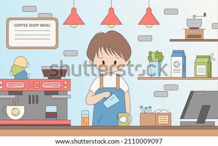Cute barista boy character making coffee illustration. part-time waiter in the interior of a coffee shop - coffee grinder, coffee machine, kettle. Beverage and breakfast cafe background. Vector cafe.