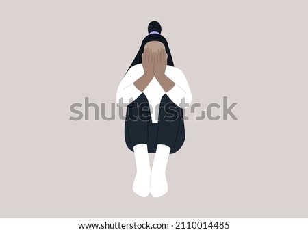 A young female character covering their face with hands, a desperate situation, stress and anxiety, mental health issues Royalty-Free Stock Photo #2110014485