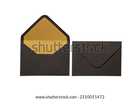 Top view photo of two open and closed stylish black envelopes on isolated white background with copyspace