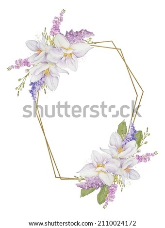 Watercolor tulip and lilac with gold frame, isolated tulips wreath on white background, botanical clipart, flower composition. Perfect for creating wedding invitations, mother's day cards