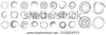 Set of black thick halftone dotted circle speed lines. Abstract geometric shape motion. Design element for frame, tattoo, web pages, prints, posters, template. Technology round Logo. Sunburst. Vector. Royalty-Free Stock Photo #2110026953