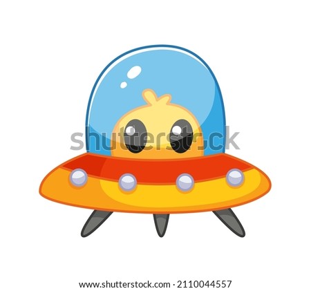Cartoon alien in a space transport in the form of a plate, in a cute style for children. Vector colorful illustration with outline. Drawing of space transport. Journey through the universe