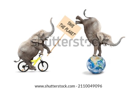 Baby Elephant riding on bicycle with protest banner. Save The Planet concept. Animals for sustainability.