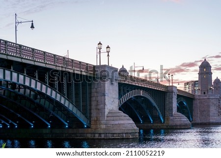 View of historic Longfellow Bridge over Charles River, connecting Boston's Beacon Hill with Cambridge, Massachusetts
