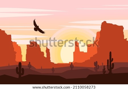 sunset in the desert and barren cliffs for an aesthetic background with flying eagles ,free vector