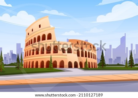Beautiful scene with Roman Colosseum in Rome,. World famous italian tourist attraction symbol.International Architecture landmarks design postcard or travel poster, Vector illustration. Royalty-Free Stock Photo #2110127189