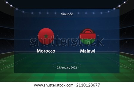 Morocco vs Mali football scoreboard. Broadcast graphic soccer template