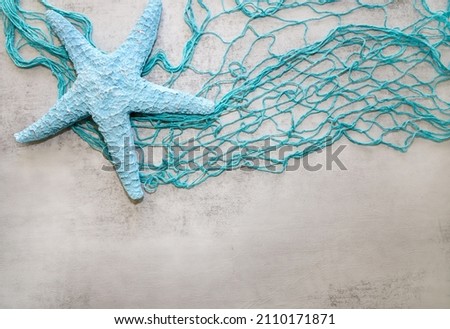 Nautical theme border with a starfish and fishing netting. Background with copy space.